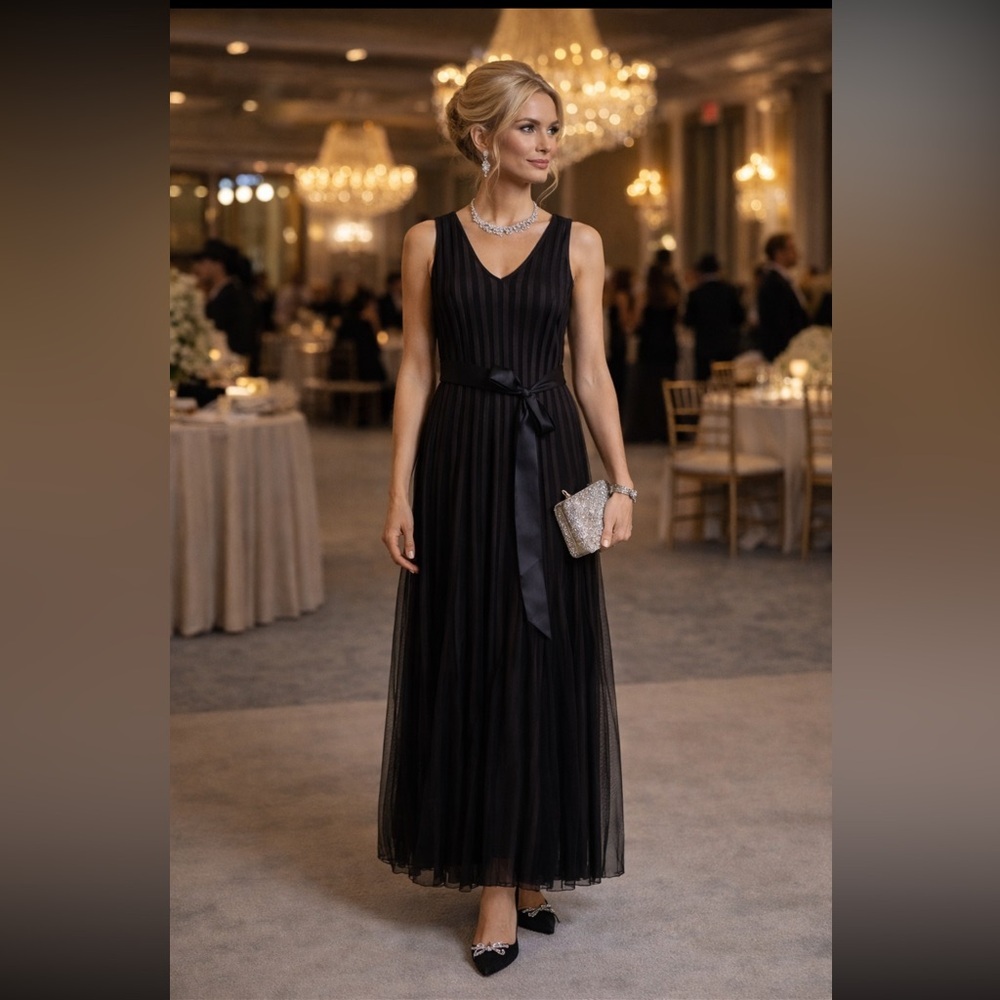 Laura Petites Mesh fabric Elegant Black Sleeveless Maxi Dress size SP.